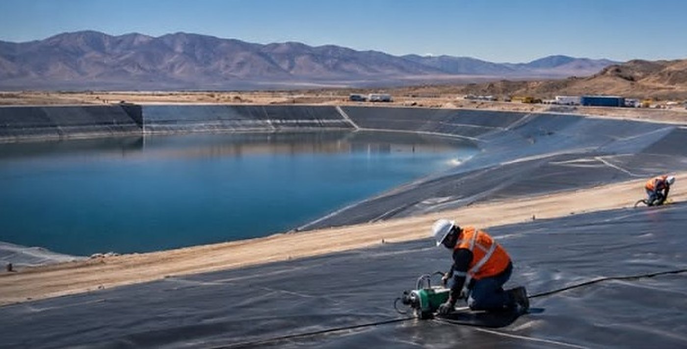 Técnico PRIMAC soldando geomembrana junto a una piscina revestida en faena